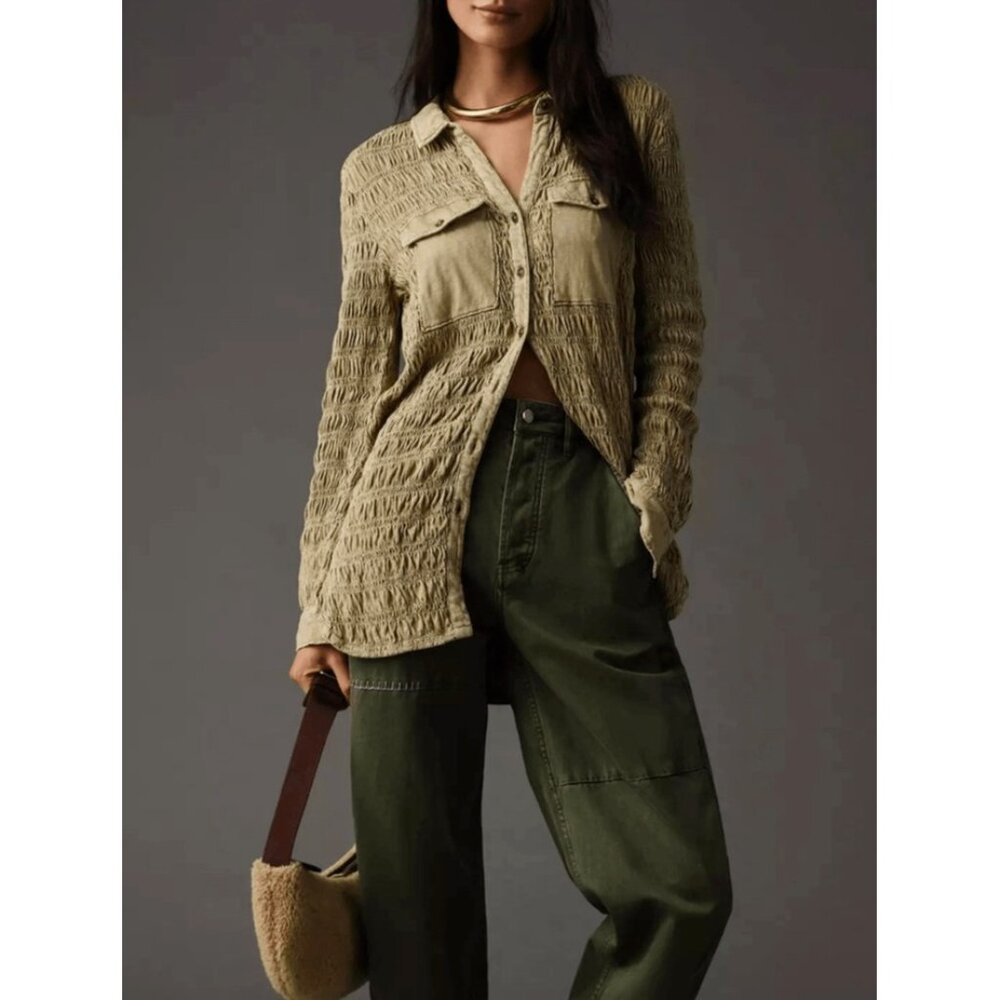 Anthropologie Pilcro Smocked Shacket In Sand Jacket Tunic Top Shirt Women's XL